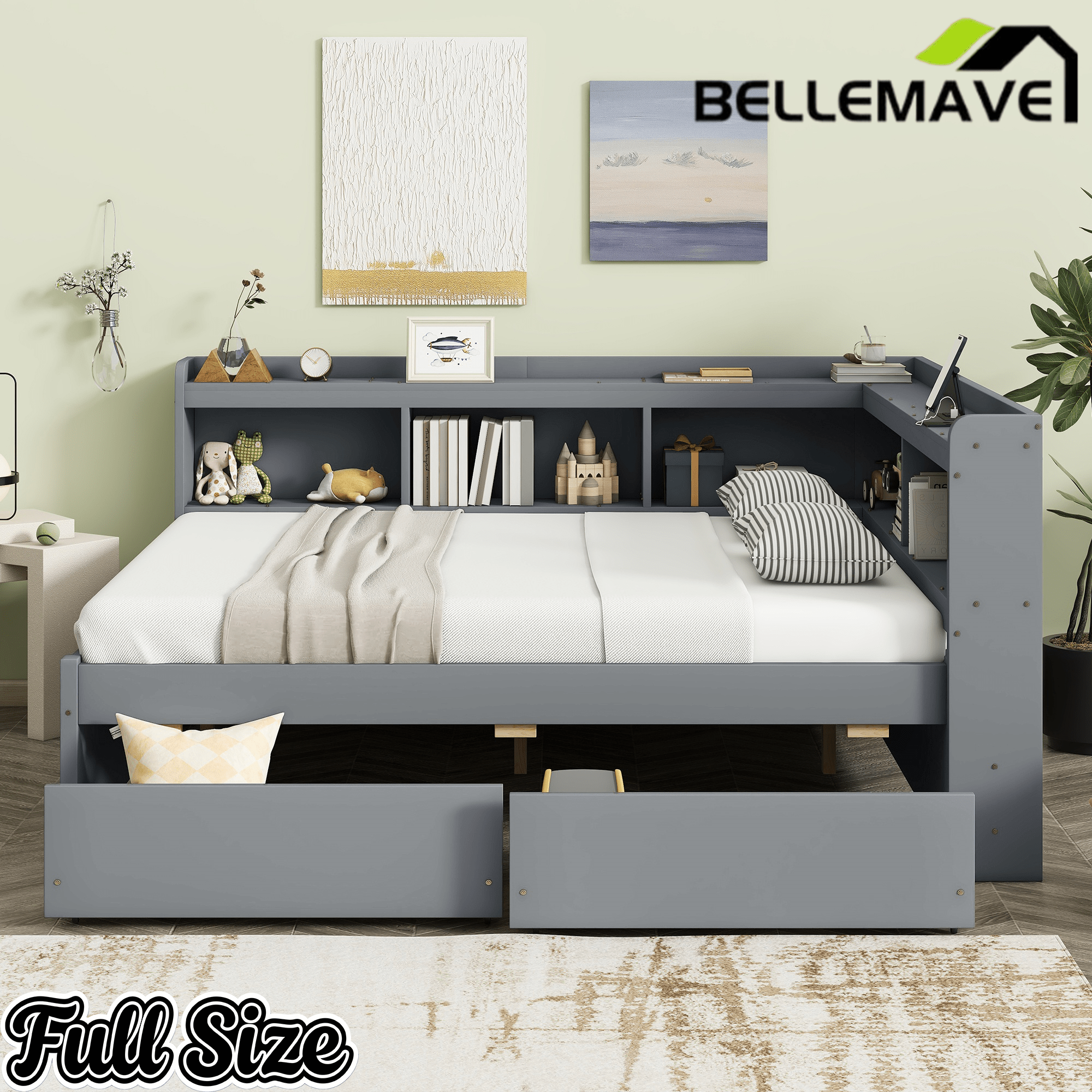 Bellemave® Full Corner Bed Frame with Storage Drawers & Bookcase, Wood Daybed with Charging Station for Kids, Teens & Adults - Bellemave