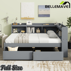 Bellemave® Full Corner Bed Frame with Storage Drawers & Bookcase, Wood Daybed with Charging Station for Kids, Teens & Adults - Bellemave