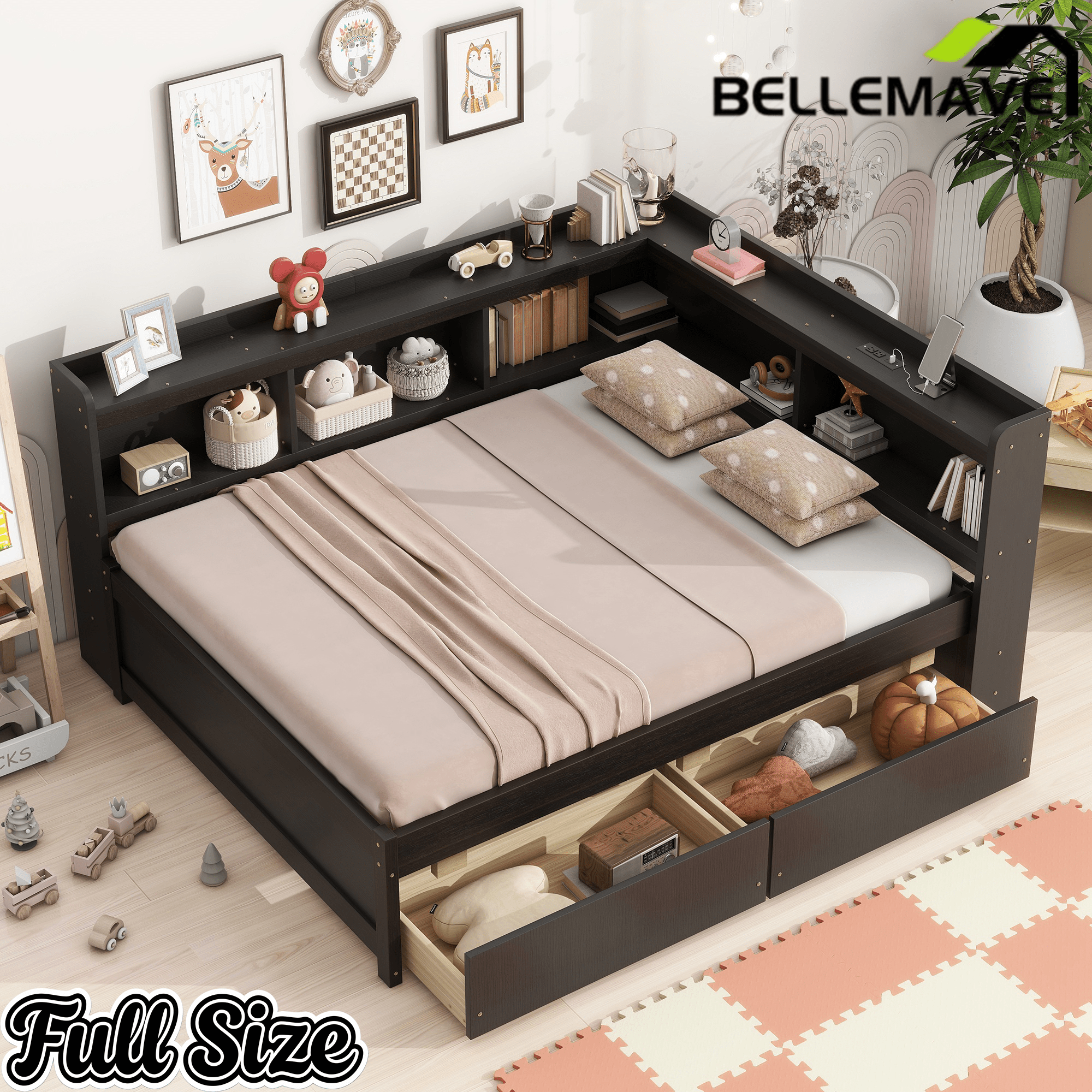 Bellemave® Full Corner Bed Frame with Storage Drawers & Bookcase, Wood Daybed with Charging Station for Kids, Teens & Adults - Bellemave