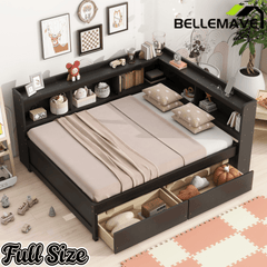 Bellemave® Full Corner Bed Frame with Storage Drawers & Bookcase, Wood Daybed with Charging Station for Kids, Teens & Adults - Bellemave