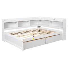 Bellemave® Full Corner Bed Frame with Storage Drawers & Bookcase, Wood Daybed with Charging Station for Kids, Teens & Adults - Bellemave