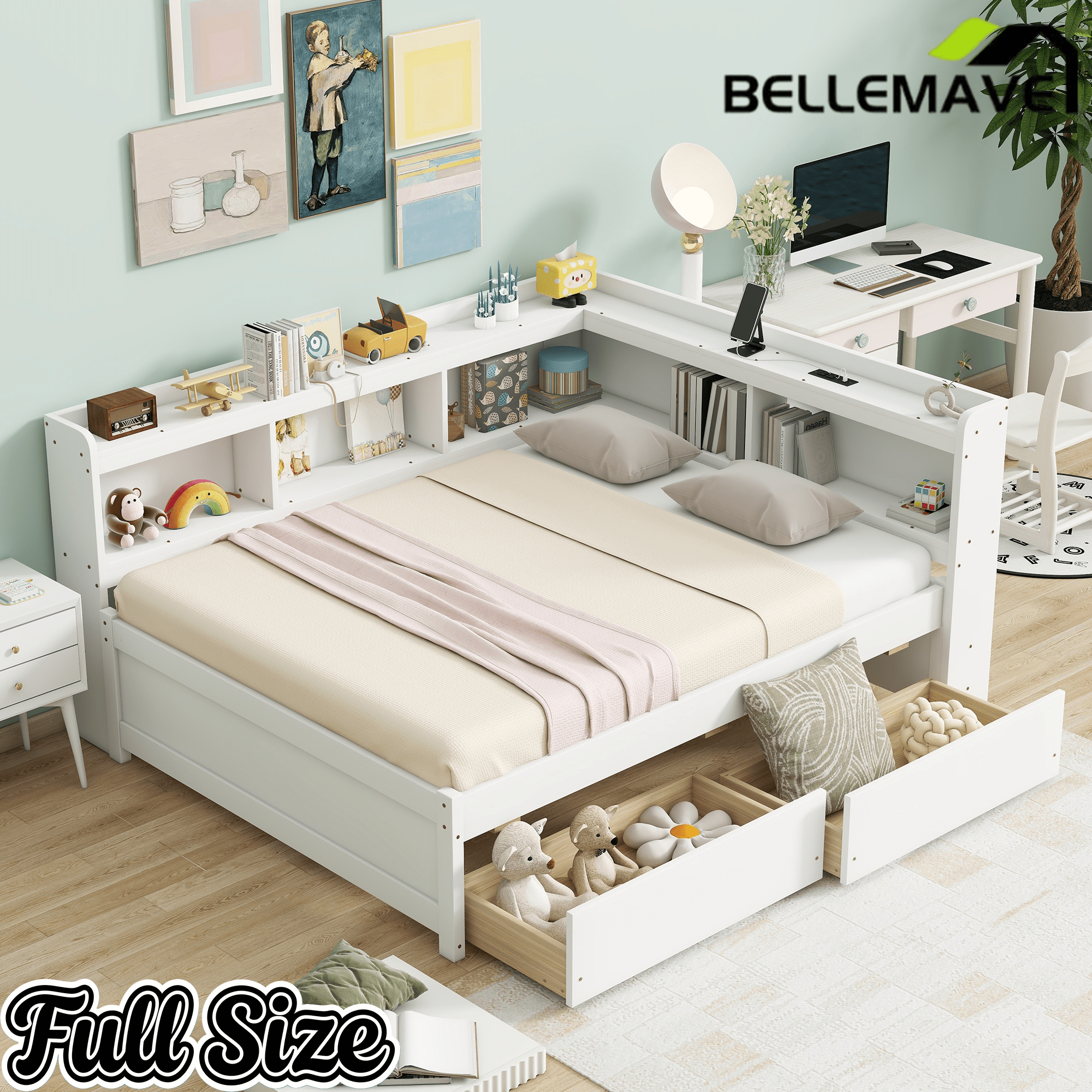 Bellemave® Full Corner Bed Frame with Storage Drawers & Bookcase, Wood Daybed with Charging Station for Kids, Teens & Adults - Bellemave