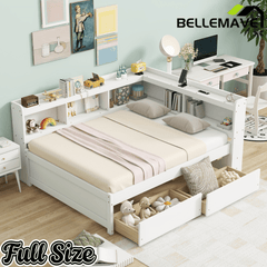 Bellemave® Full Corner Bed Frame with Storage Drawers & Bookcase, Wood Daybed with Charging Station for Kids, Teens & Adults - Bellemave