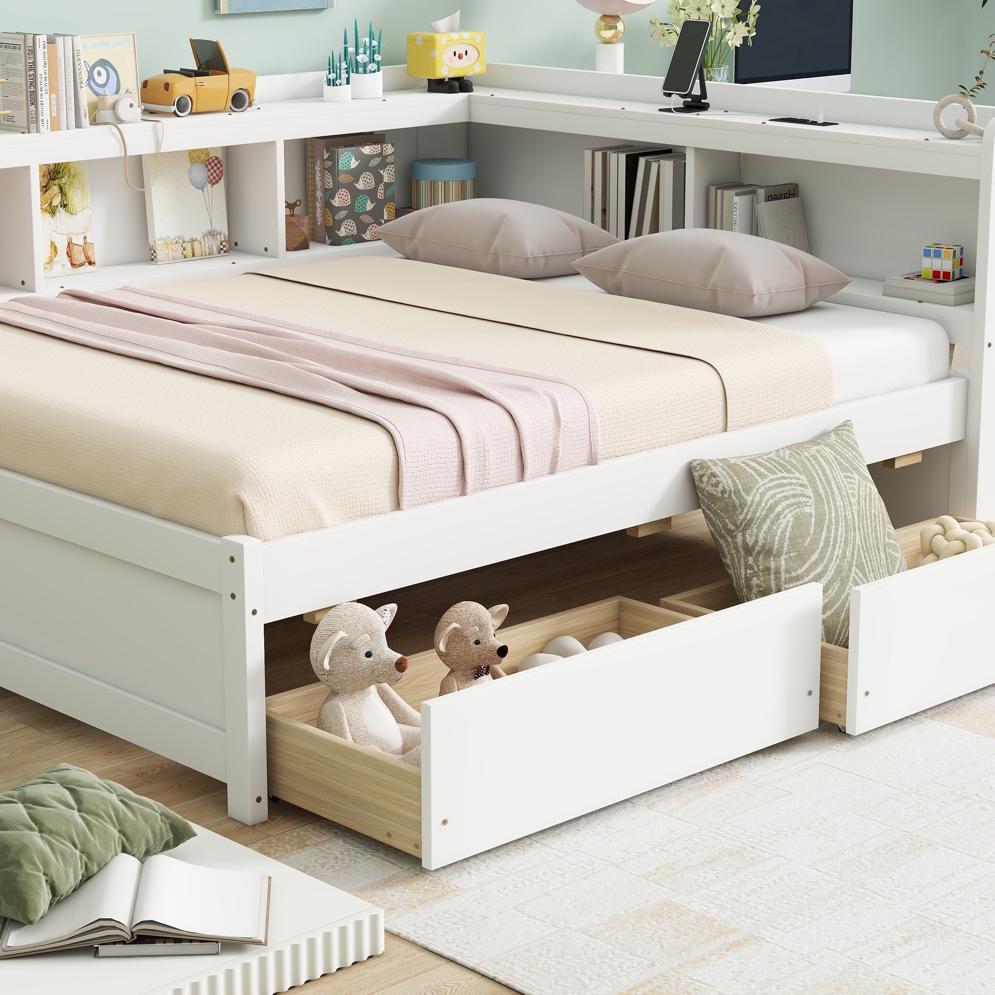 Bellemave® Full Corner Bed Frame with Storage Drawers & Bookcase, Wood Daybed with Charging Station for Kids, Teens & Adults - Bellemave