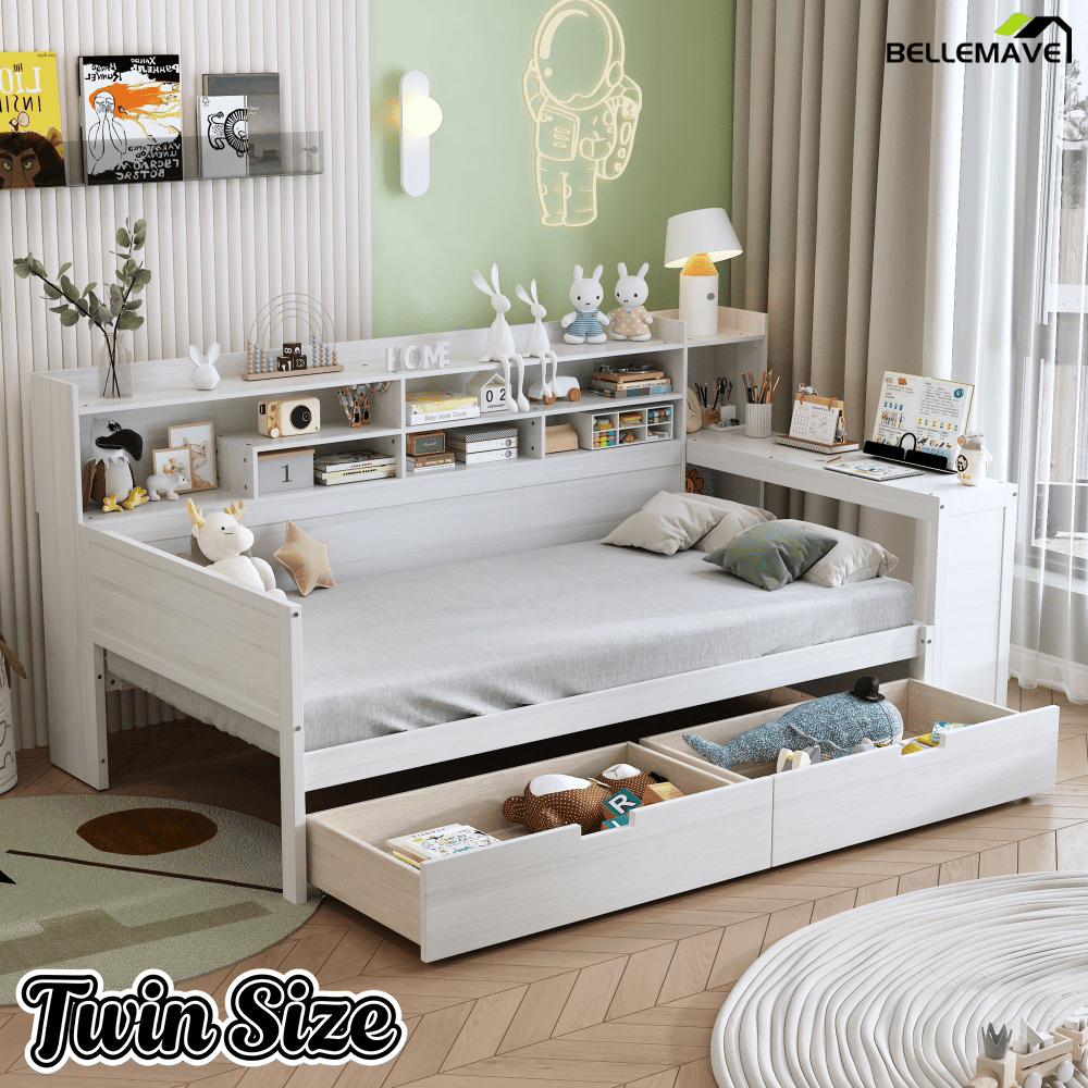 Bellemave® Full Corner Bed Frame with Storage Shelves and Desk, Wood Full Size Daybed with Bookcase and Drawers, Natural - Bellemave