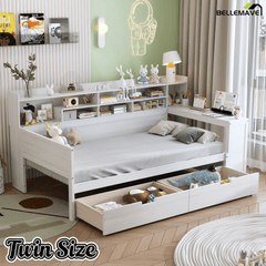 Bellemave® Full Corner Bed Frame with Storage Shelves and Desk, Wood Full Size Daybed with Bookcase and Drawers, Natural - Bellemave