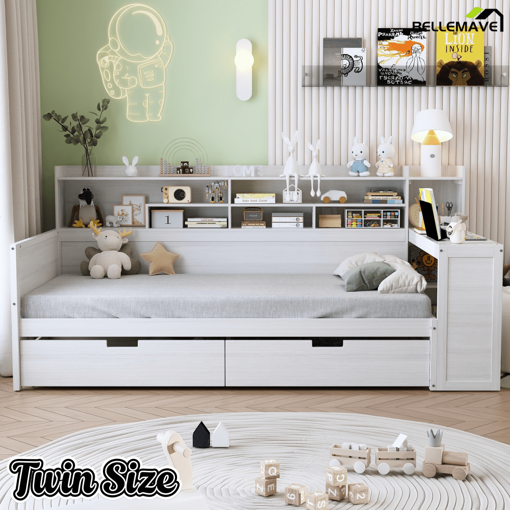 Bellemave® Full Corner Bed Frame with Storage Shelves and Desk, Wood Full Size Daybed with Bookcase and Drawers, Natural - Bellemave
