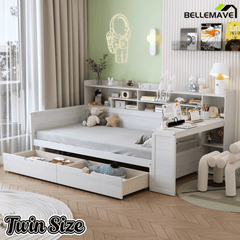 Bellemave® Full Corner Bed Frame with Storage Shelves and Desk, Wood Full Size Daybed with Bookcase and Drawers, Natural - Bellemave