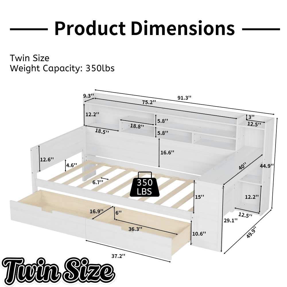 Bellemave® Full Corner Bed Frame with Storage Shelves and Desk, Wood Full Size Daybed with Bookcase and Drawers, Natural - Bellemave