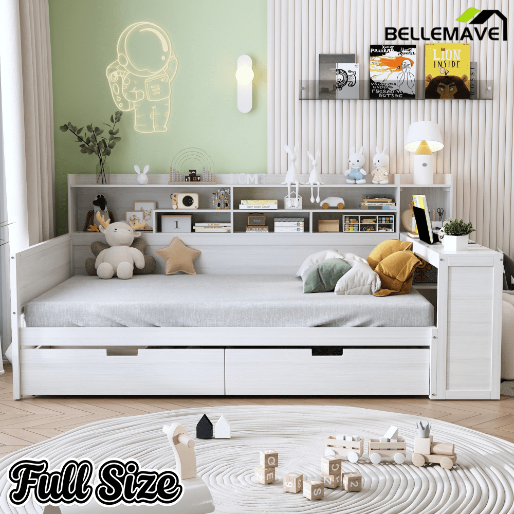 Bellemave® Full Corner Bed Frame with Storage Shelves and Desk, Wood Full Size Daybed with Bookcase and Drawers, Natural - Bellemave