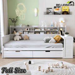 Bellemave® Full Corner Bed Frame with Storage Shelves and Desk, Wood Full Size Daybed with Bookcase and Drawers, Natural - Bellemave