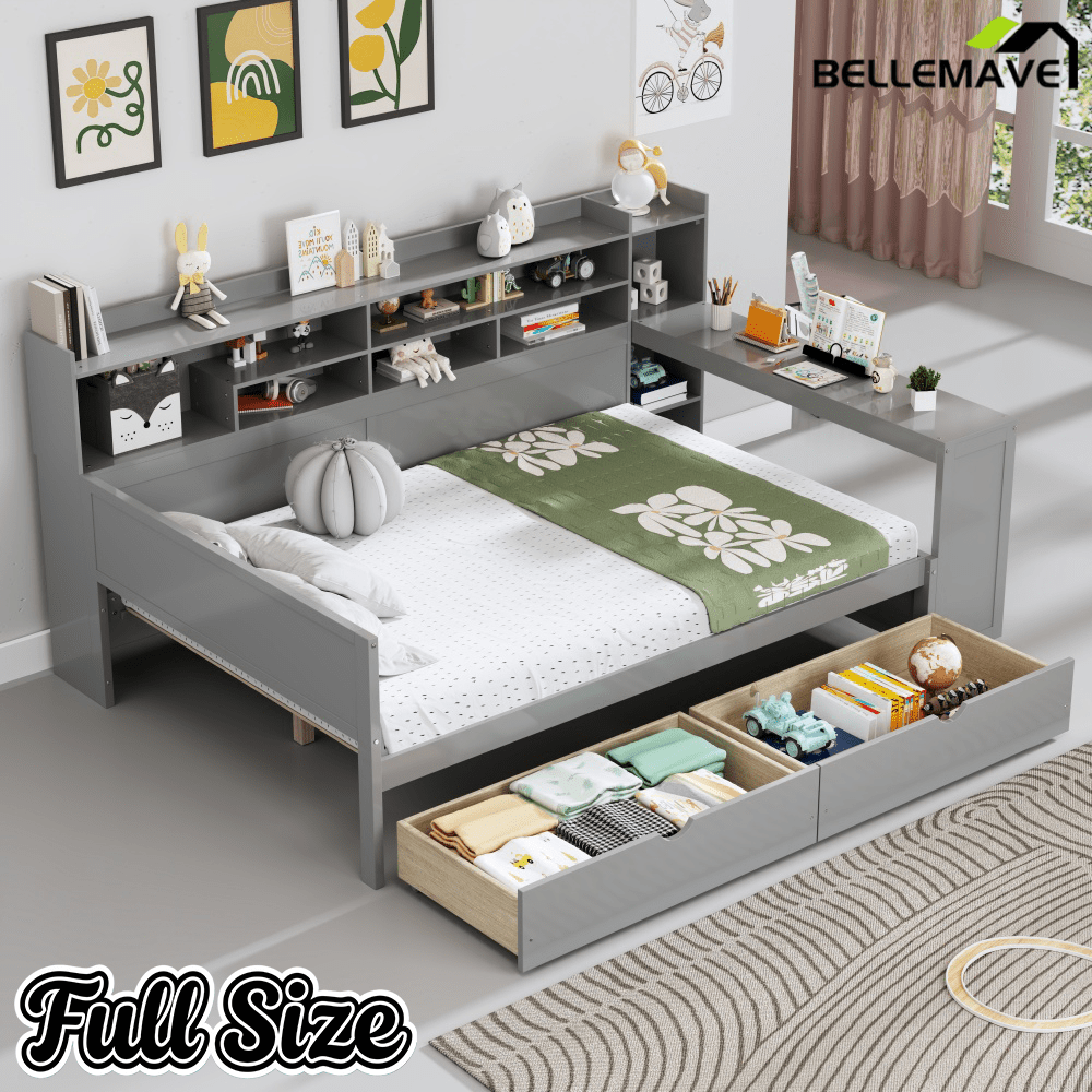 Bellemave® Full Corner Bed Frame with Storage Shelves and Desk, Wood Full Size Daybed with Bookcase and Drawers, Natural - Bellemave