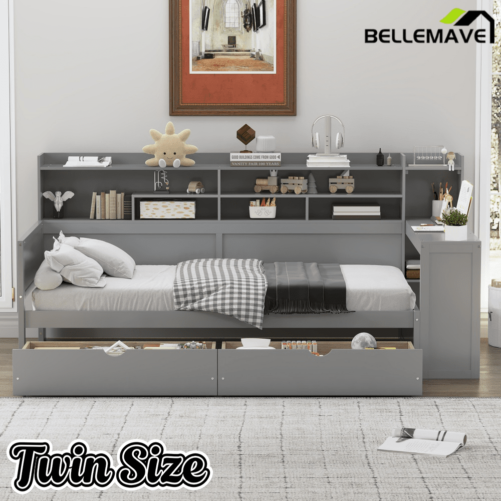 Bellemave® Full Corner Bed Frame with Storage Shelves and Desk, Wood Full Size Daybed with Bookcase and Drawers, Natural - Bellemave