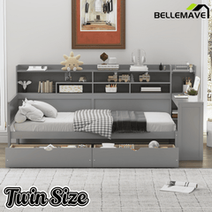 Bellemave® Full Corner Bed Frame with Storage Shelves and Desk, Wood Full Size Daybed with Bookcase and Drawers, Natural - Bellemave
