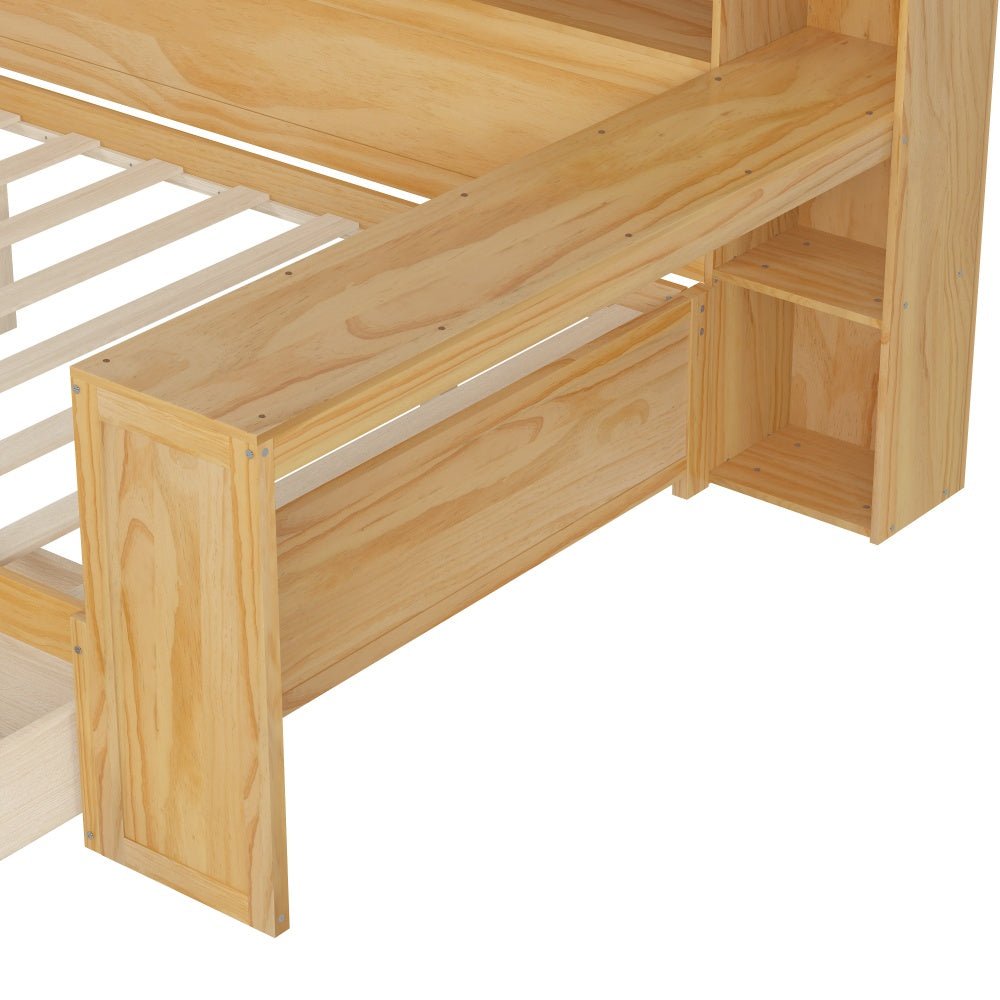 Bellemave® Full Corner Bed Frame with Storage Shelves and Desk, Wood Full Size Daybed with Bookcase and Drawers, Natural - Bellemave
