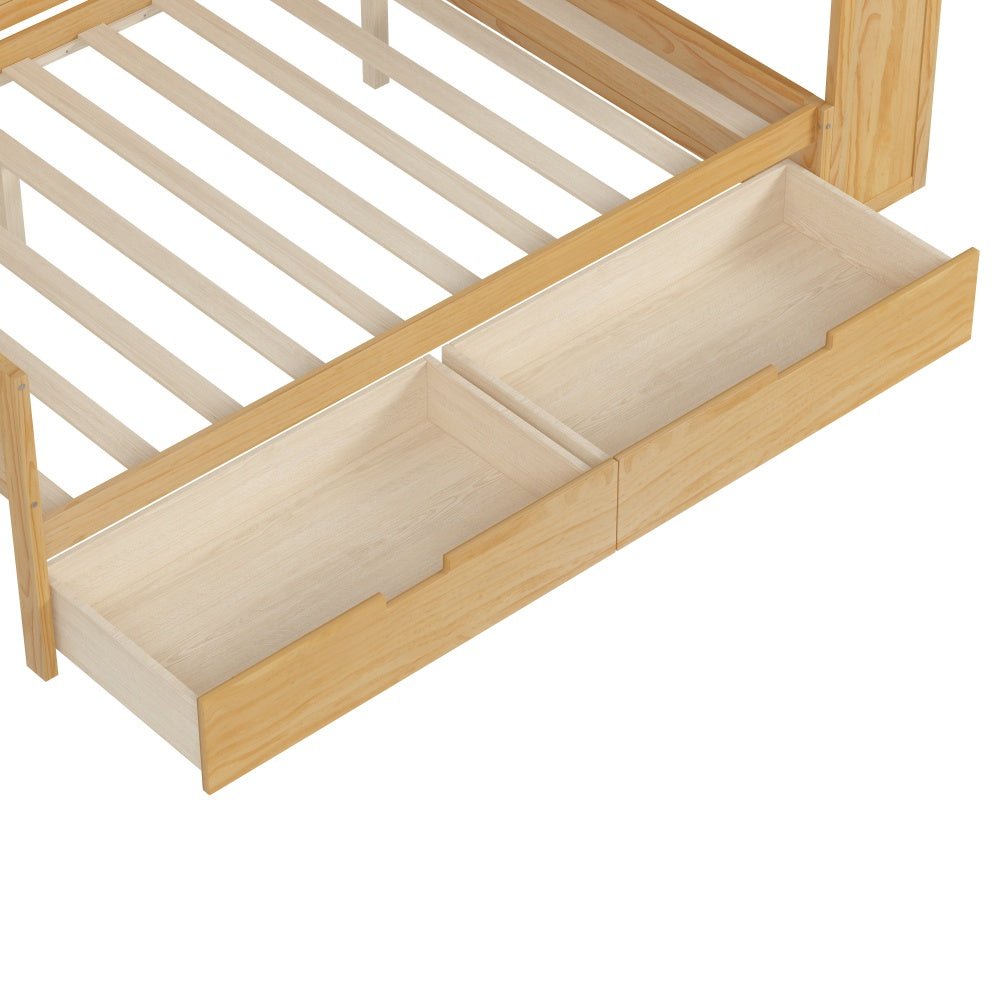 Bellemave® Full Corner Bed Frame with Storage Shelves and Desk, Wood Full Size Daybed with Bookcase and Drawers, Natural - Bellemave