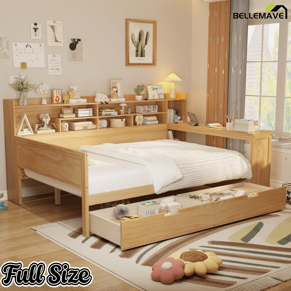 Bellemave® Full Corner Bed Frame with Storage Shelves and Desk, Wood Full Size Daybed with Bookcase and Drawers, Natural - Bellemave