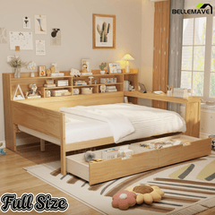 Bellemave® Full Corner Bed Frame with Storage Shelves and Desk, Wood Full Size Daybed with Bookcase and Drawers, Natural - Bellemave