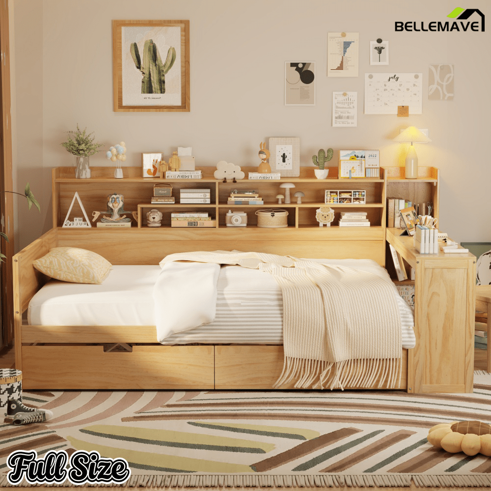 Bellemave® Full Corner Bed Frame with Storage Shelves and Desk, Wood Full Size Daybed with Bookcase and Drawers, Natural - Bellemave