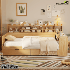Bellemave® Full Corner Bed Frame with Storage Shelves and Desk, Wood Full Size Daybed with Bookcase and Drawers, Natural - Bellemave