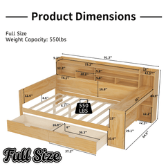 Bellemave® Full Corner Bed Frame with Storage Shelves and Desk, Wood Full Size Daybed with Bookcase and Drawers, Natural - Bellemave