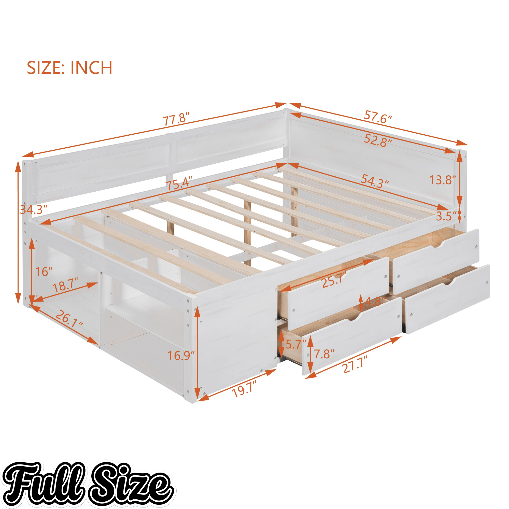 Bellemave® Full Corner Bed Frame with Storage Shelves & Drawers,Wooden Floor Platform Bed Frame with L Shape Heaboard, White - Bellemave