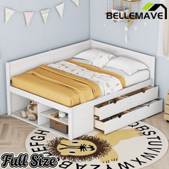 Bellemave® Full Corner Bed Frame with Storage Shelves & Drawers,Wooden Floor Platform Bed Frame with L Shape Heaboard, White - Bellemave
