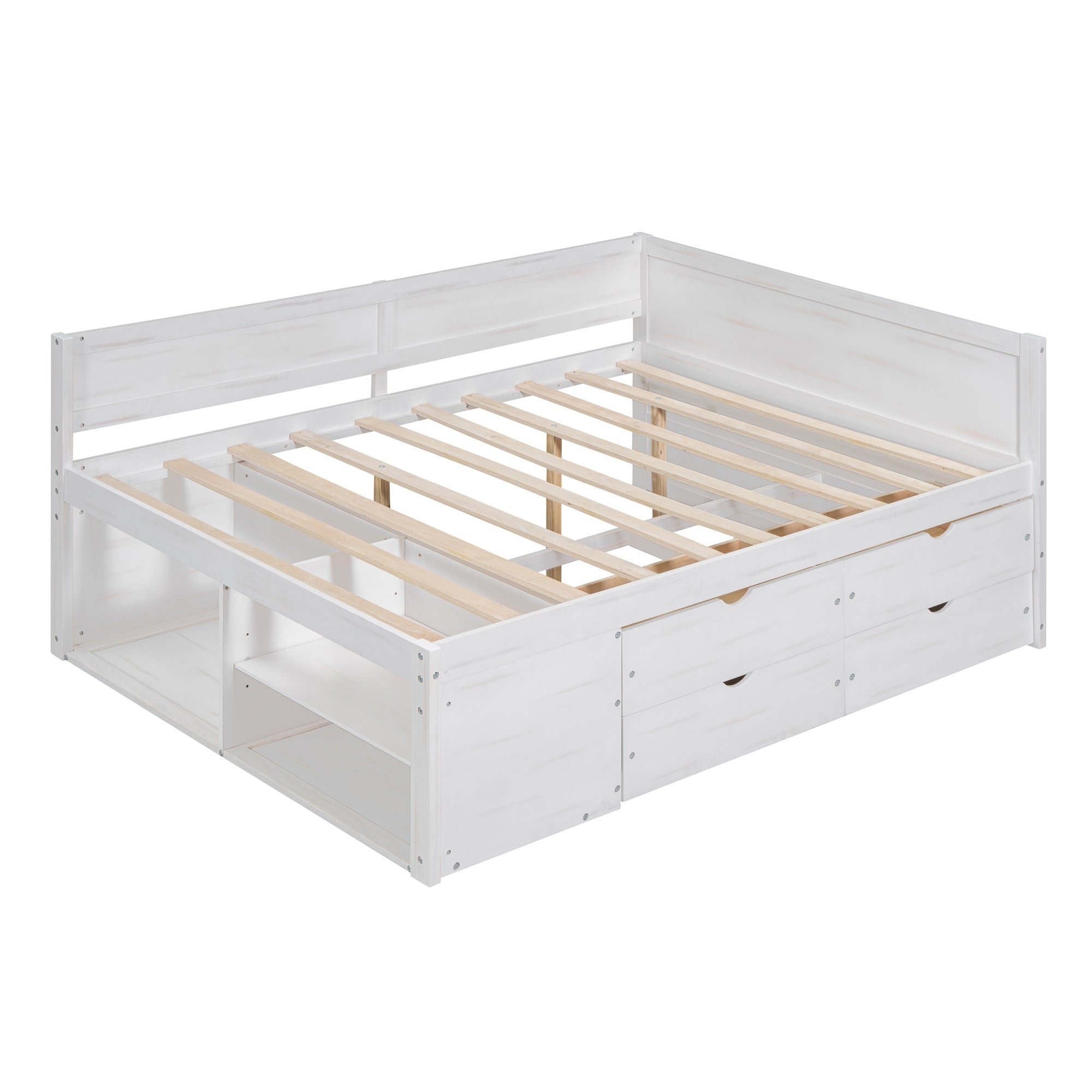 Bellemave® Full Corner Bed Frame with Storage Shelves & Drawers,Wooden Floor Platform Bed Frame with L Shape Heaboard, White - Bellemave