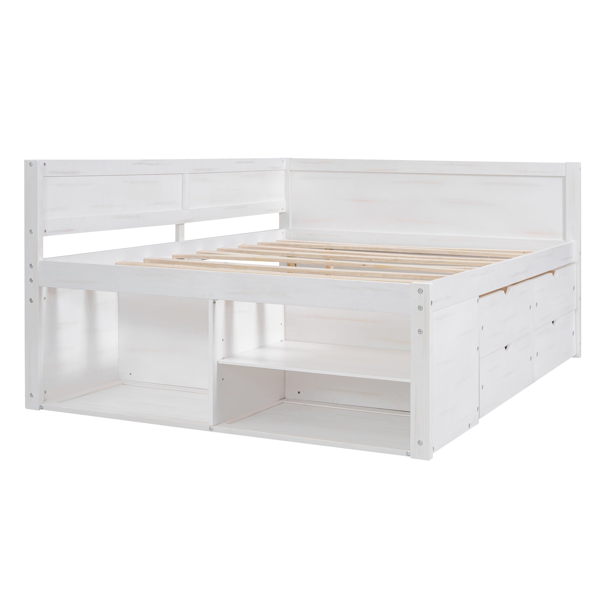 Bellemave® Full Corner Bed Frame with Storage Shelves & Drawers,Wooden Floor Platform Bed Frame with L Shape Heaboard, White - Bellemave