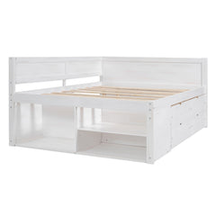Bellemave® Full Corner Bed Frame with Storage Shelves & Drawers,Wooden Floor Platform Bed Frame with L Shape Heaboard, White - Bellemave