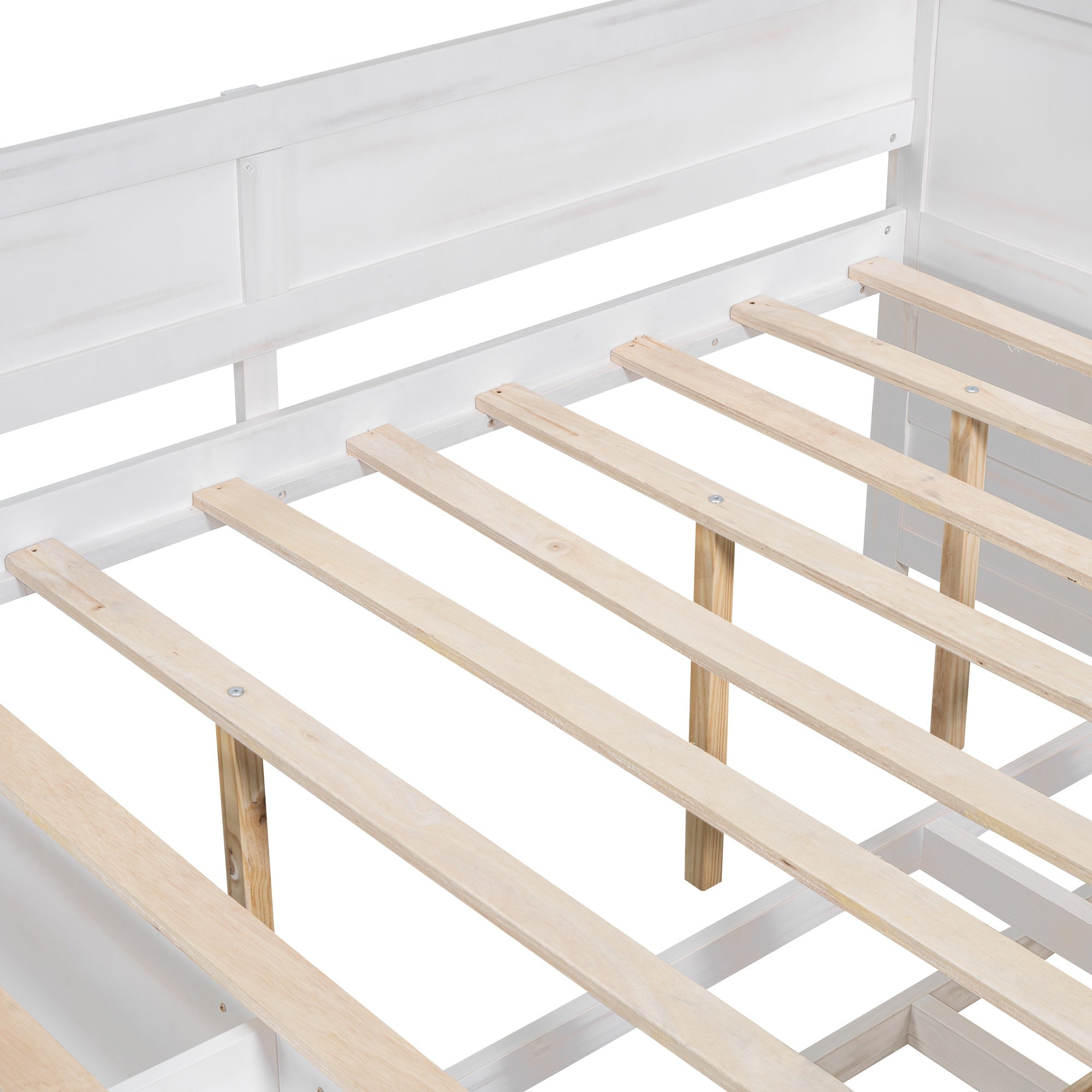 Bellemave® Full Corner Bed Frame with Storage Shelves & Drawers,Wooden Floor Platform Bed Frame with L Shape Heaboard, White - Bellemave