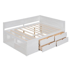 Bellemave® Full Corner Bed Frame with Storage Shelves & Drawers,Wooden Floor Platform Bed Frame with L Shape Heaboard, White - Bellemave