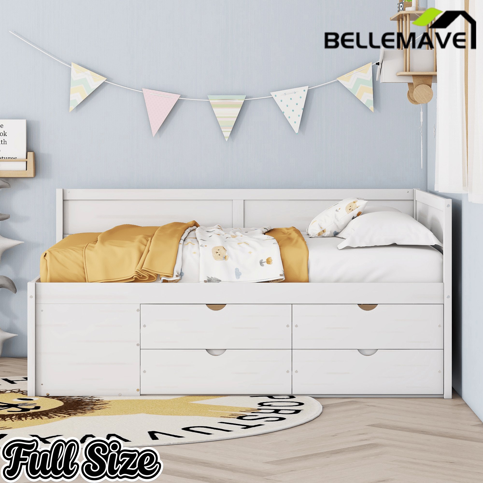 Bellemave® Full Corner Bed Frame with Storage Shelves & Drawers,Wooden Floor Platform Bed Frame with L Shape Heaboard, White - Bellemave