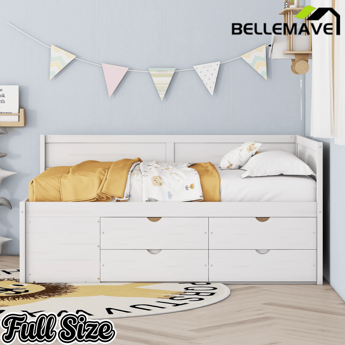 Bellemave® Full Corner Bed Frame with Storage Shelves & Drawers,Wooden Floor Platform Bed Frame with L Shape Heaboard, White - Bellemave