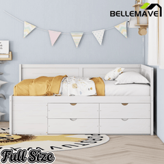 Bellemave® Full Corner Bed Frame with Storage Shelves & Drawers,Wooden Floor Platform Bed Frame with L Shape Heaboard, White - Bellemave