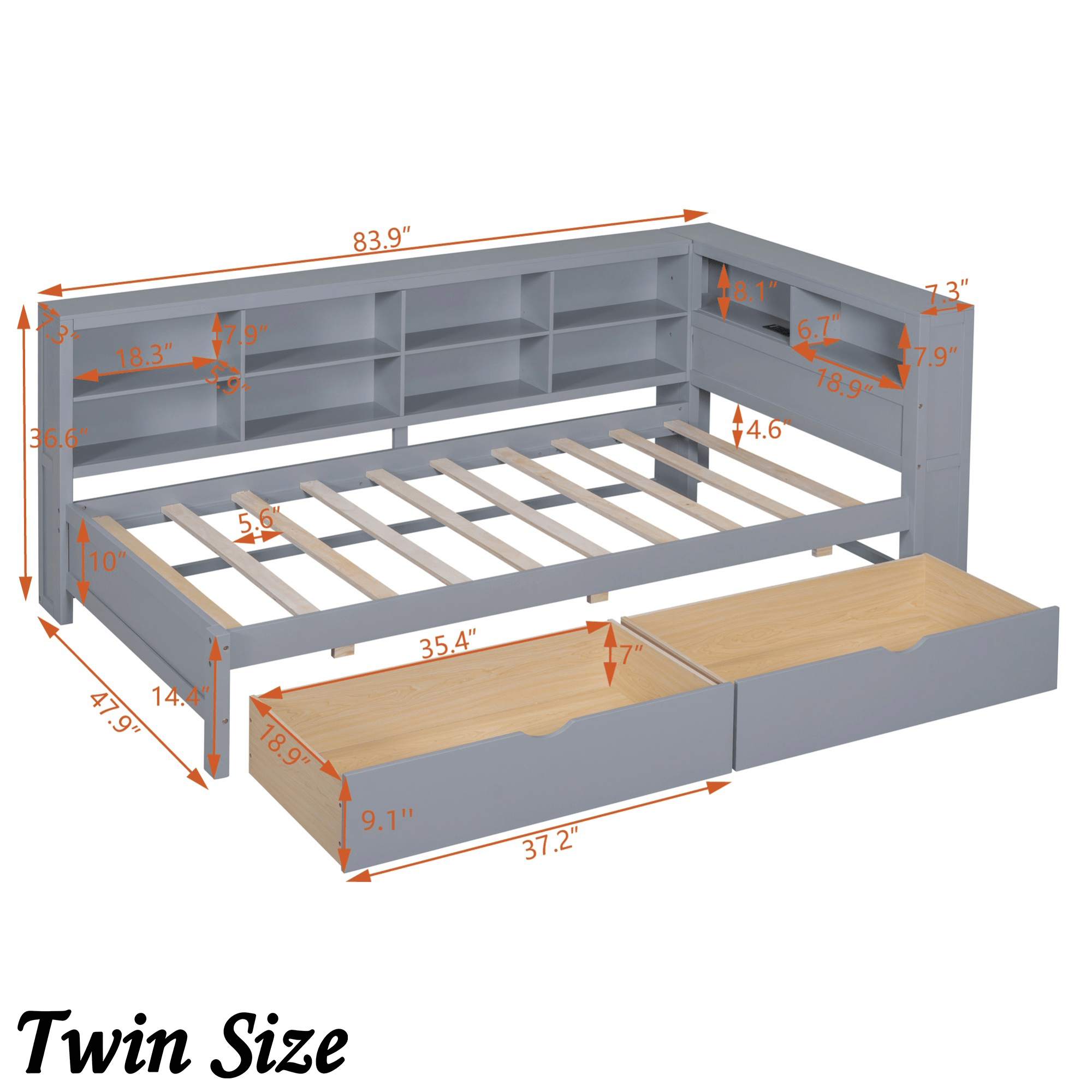Bellemave® Full Corner Bed Frame, Wood Full Size Daybed with L - Shaped Bookcase & USB Ports - Choose Twin Trundle or 2 Drawers, White - Bellemave
