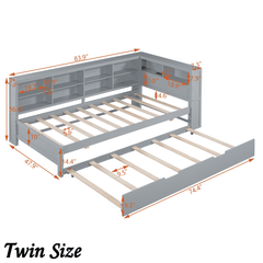 Bellemave® Full Corner Bed Frame, Wood Full Size Daybed with L - Shaped Bookcase & USB Ports - Choose Twin Trundle or 2 Drawers, White - Bellemave