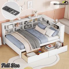 Bellemave® Full Corner Bed Frame, Wood Full Size Daybed with L - Shaped Bookcase & USB Ports - Choose Twin Trundle or 2 Drawers, White - Bellemave
