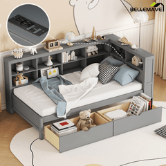 Bellemave® Full Corner Bed Frame, Wood Full Size Daybed with L - Shaped Bookcase & USB Ports - Choose Twin Trundle or 2 Drawers, White - Bellemave