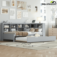 Bellemave® Full Corner Bed Frame, Wood Full Size Daybed with L - Shaped Bookcase & USB Ports - Choose Twin Trundle or 2 Drawers, White - Bellemave