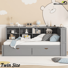Bellemave® Full Corner Bed Frame, Wood Full Size Daybed with L - Shaped Bookcase & USB Ports - Choose Twin Trundle or 2 Drawers, White - Bellemave