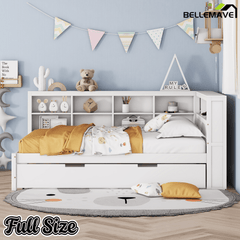 Bellemave® Full Corner Bed Frame, Wood Full Size Daybed with L - Shaped Bookcase & USB Ports - Choose Twin Trundle or 2 Drawers, White - Bellemave