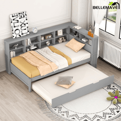 Bellemave® Full Corner Bed Frame, Wood Full Size Daybed with L - Shaped Bookcase & USB Ports - Choose Twin Trundle or 2 Drawers, White - Bellemave