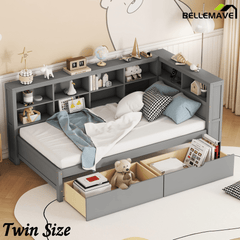 Bellemave® Full Corner Bed Frame, Wood Full Size Daybed with L - Shaped Bookcase & USB Ports - Choose Twin Trundle or 2 Drawers, White - Bellemave