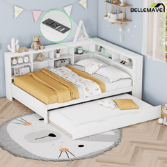 Bellemave® Full Corner Bed Frame, Wood Full Size Daybed with L - Shaped Bookcase & USB Ports - Choose Twin Trundle or 2 Drawers, White - Bellemave