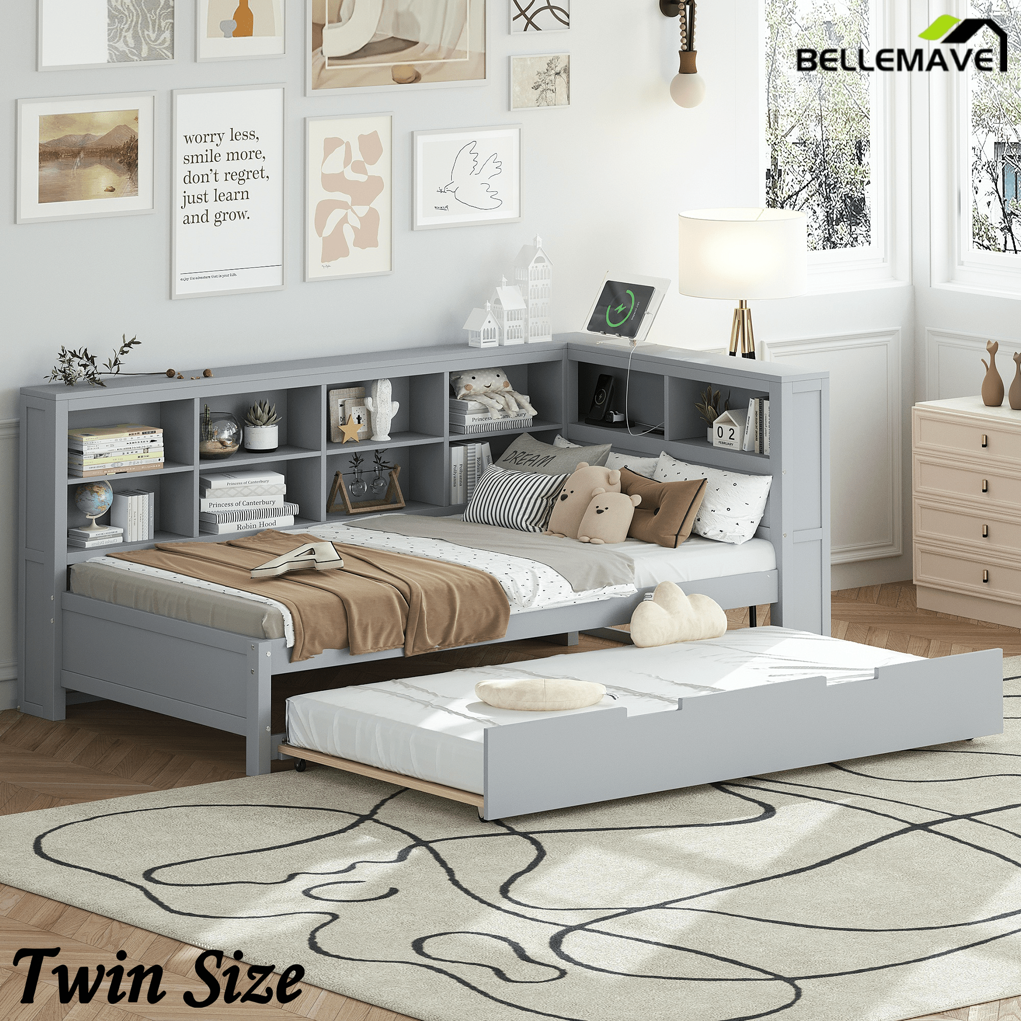 Bellemave® Full Corner Bed Frame, Wood Full Size Daybed with L - Shaped Bookcase & USB Ports - Choose Twin Trundle or 2 Drawers, White - Bellemave