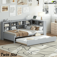 Bellemave® Full Corner Bed Frame, Wood Full Size Daybed with L - Shaped Bookcase & USB Ports - Choose Twin Trundle or 2 Drawers, White - Bellemave