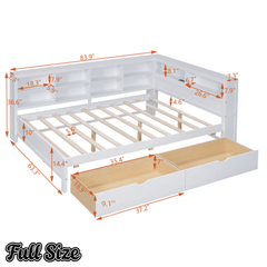 Bellemave® Full Corner Bed Frame, Wood Full Size Daybed with L - Shaped Bookcase & USB Ports - Choose Twin Trundle or 2 Drawers, White - Bellemave