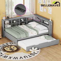 Bellemave® Full Corner Bed Frame, Wood Full Size Daybed with L - Shaped Bookcase & USB Ports - Choose Twin Trundle or 2 Drawers, White - Bellemave