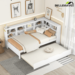 Bellemave® Full Corner Bed Frame, Wood Full Size Daybed with L - Shaped Bookcase & USB Ports - Choose Twin Trundle or 2 Drawers, White - Bellemave
